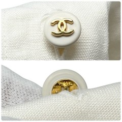 CHANEL Vintage 97P CC Logo Button Linen Shirt Top #40 Short Sleeve White Gold