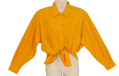 Vintage 1980s gold blouse, yellow mustard cotton blend long sleeve turmeric S M