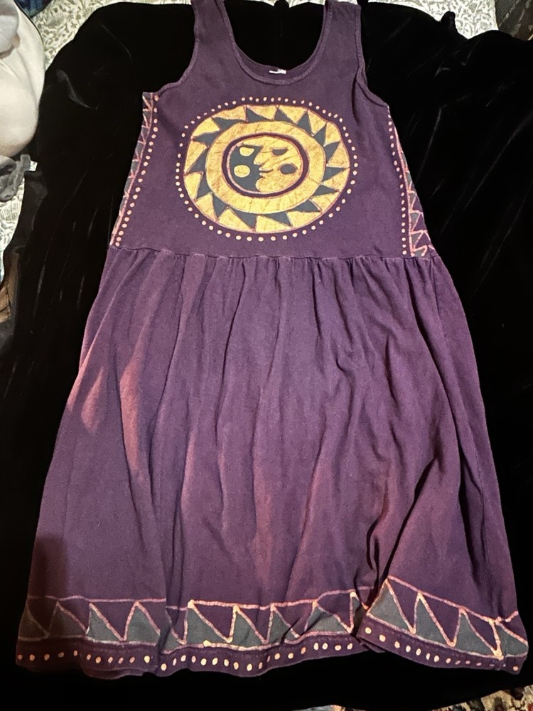 Vintage Batik Purple Cotton Tank Dress One Size Fits Most