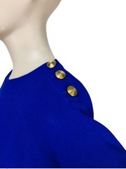Vintage 80s Liz Claiborne Blue Pleated Gold Buttons Midi Sheath Dress Size 10P