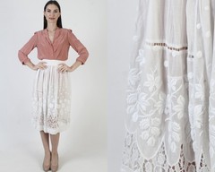 Vtg 1900s Edwardian Skirt White Victorian Antique Lawn Embroidered Tea Length