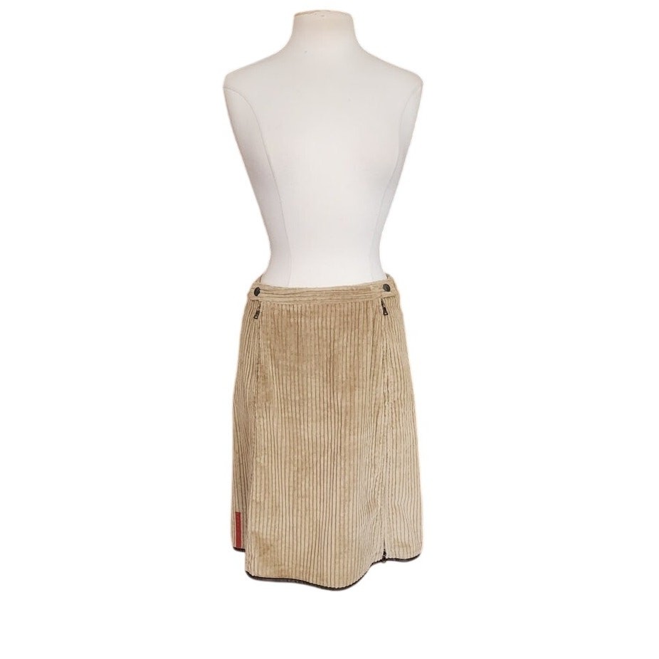 Vintage PRADA Sport Lines Rossa Skirt Beige Tan Corduroy A Line Knee Length
