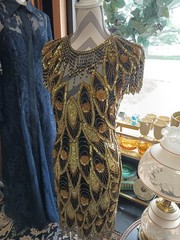 Lillie Rubin Vintage Black Gold Beaded Sequin Semi-Open Back Silk Dress Size 6