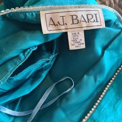 Vintage 80s AJ Bari Silk Teal Low Back Dress Sequence Rhinestone Puff Sleeve 8
