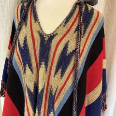 Vtg 70’s Aztec Boho Cuddle Knit Hooded Fringed Poncho One Size Southwest Western
