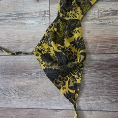 Vintage 1950s 1960s avocado green black print swimsuit corset lace up bikini