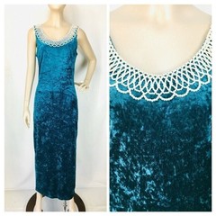 Vintage 90s Crushed Velvet Mermaid Green Wiggle Dress Pearl Collar All That Jazz