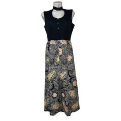 Stephen O’Grady Vintage Black Floral Maxi Dress Button Front Choker Neck Mod 70s