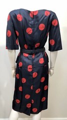 VTG 1950s GRAPHIC RED Geo Print *SILK PEPLUM WIGGLE DRESS w/BOW BELT Leslie Fay