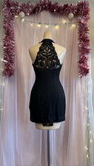 Vintage 90s Micro Mini Dress Black Sleeveless Jessica McClintock Halter XXS XS