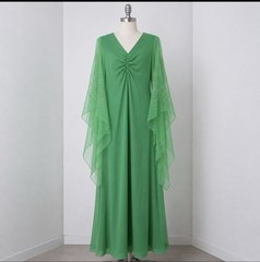Vtg 70s Green Angel Wing Maxi Dress Rhinestone Chiffon Sleeve ILGWU Union Made