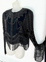 VINTAGE*BLACK BEADED/SEQUIN~FRINGE~ZIPPERED~FORMAL~DRAG~ PROM JACKET~SZ MED/LRG