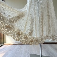 Vintage Hand Crochet Ivory Cotton Lace Maxi Skirt with Rosette Details
