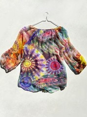 Vintage Kay Celine Top Sz S Colorful Abstract Floral Tunic Sheer Bell Artsy Boho