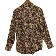 Vintage Tilley Blouse Womens Large Tan Maroon Viyella Cotton Long Sleeve Top