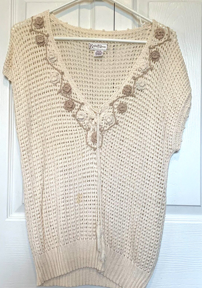 Kyouko Design Studio Vintage Crochet Sweater Women XL Cream V-Neck Florals VTG