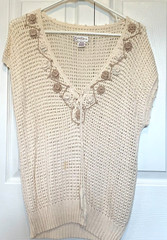 Kyouko Design Studio Vintage Crochet Sweater Women XL Cream V-Neck Florals VTG