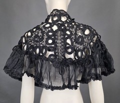 GOTHIC VICTORIAN 19TH C HAND MADE TAPE LACE CAPE FOR DRESS W SILK VOILE RUFFLE