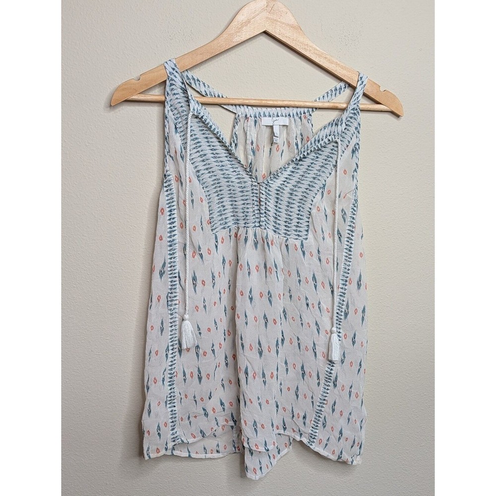 Joie 100% Silk Size L Ikat Print Tank Top Smocked Tassel Tie V-Neck