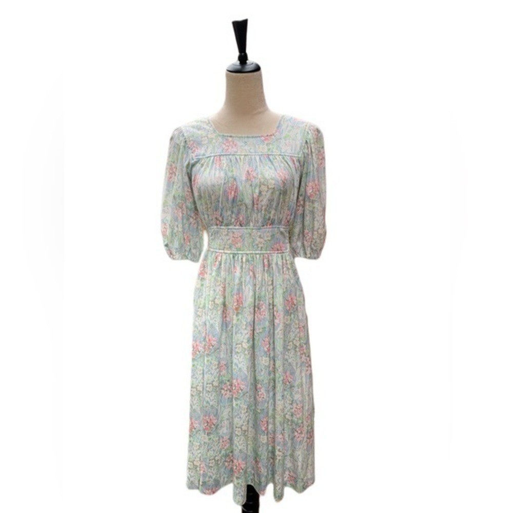 Vintage Toni Todd Floral Midi Dress | Cottagecore Feminine Pastel Puff Sleeve