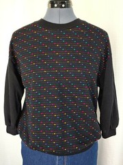 Vintage Black Top with Pink/Teal/Purple/Yellow Dots & Stripes 36″ Bust Sz SM?