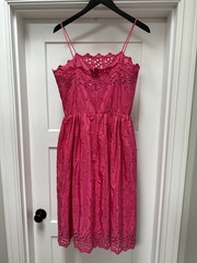 Vintage Eyelet Hot Pink taffeta Day Dress Cottagecore Prom Pinup