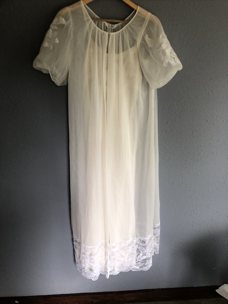 Vintage Henson Kickernick Nightgown Jacket White Two Piece Pajama Set 34” Bust S