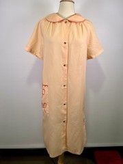 VTG 60s Peach Mid Century Snap Front House Dress Embroidered Housecoat Midi LRG