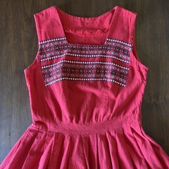 1950s Red Cotton Embroidered Folk border Dress Full Skirt Sleeveless pleated