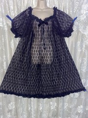 Vtg RARE 2X++ BLACK ALL LACE FULL NIGHTIE Nightgown Chiffon Ruffles off shoulder
