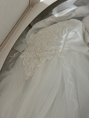 Vtg 1980s Beaded Pearl Lace Wedding Gown long Train Long Sleeve Glam Custom Made