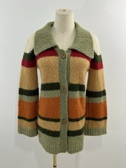 VTG Women’s Cardigan Sweater Mohair Blend Collared Striped Mustard Orange Green