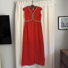Vintage 60s Maxi Dress Red/orange Evening Gown Gold Trim