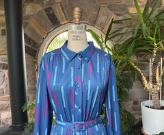 Vintage 1980s Blue and Fuchsia Polyester Knit Shirtdress “The Shirtdress” Sears
