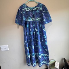 Vintage Fundamentals Floral Midi Praire Dress L Blue Cotton Flowy Cottagecore