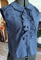 Vintage 1950s Navy Blue w/ pattern Cotton Sleeveless Blouse 1960s
