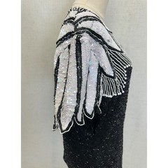 Stenay 100% Silk Beaded Sequin Black White Top Womens 14 Vintage Evening Blouse