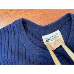 Vintage Courreges Paris Navy Blue Ribbed Knit Elbow Wool Sleeve Top Made France