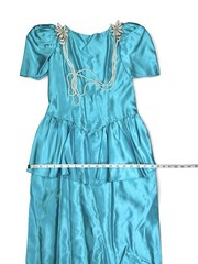 VNTG 80s Alfred Angelo Blue Satin Gown Dress Puff Sleeves Appliqués Faux Pearl