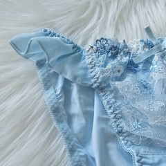 Vintage Sissy Lace Panty Blue Nylon Spandex Blend Brief Size Small Hip 32-36″