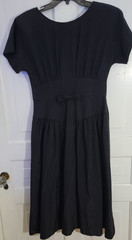 80s Vintage Lanz Originals Back Button Black Midi Dress Smocked Waist Sm Bow