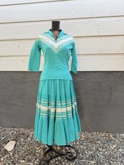 Vintage 1950s Western Patio Fiesta Dress 2Pc Ric Rac Circle Skirt Crinkle Cotton