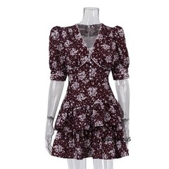 Summer Style Printing V-neck Floral Dress Short Sleeves High Waist Floral Dress