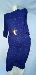 VTG 60S 70S WOMENS BLUE POLKA DOT BUTTON BELTED PARTY FUN CUTE RAYON DRESS