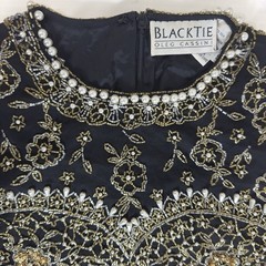VTG Oleg Cassini Black Tie 100%Silk Beaded Cocktail Dress 10 Pearl Fringe Gatsby