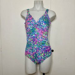 Gabar Neon Abstract Speckled One Piece Ruched Retro Swimsuit Vintage 80s