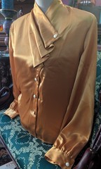 Christie & Jill Blouse Sz 8 VTG Gold Satin Asymmetric Cowl Neck Pearl Buttons