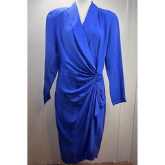 Vintage Oleg Cassini 80s Ruched Faux Wrap Dress Womens 12 Blue Silk Long Sleeve