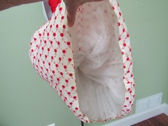 VINTAGE 1950’S WHITE CHIFFON CUPCAKE DRESS W/ RED FLOCKED POLKA DOTS / 32″ BUST