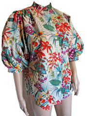 Edith Flagg Top vintage 70s CA USA Designer Orchid Blouse Floral Puff 1/2 sleeve